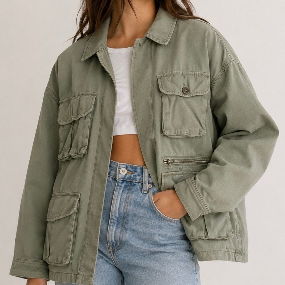 TOPSHOP x NORDSTROM | Olive Green Cargo Utility Jacket Oversized | Medium